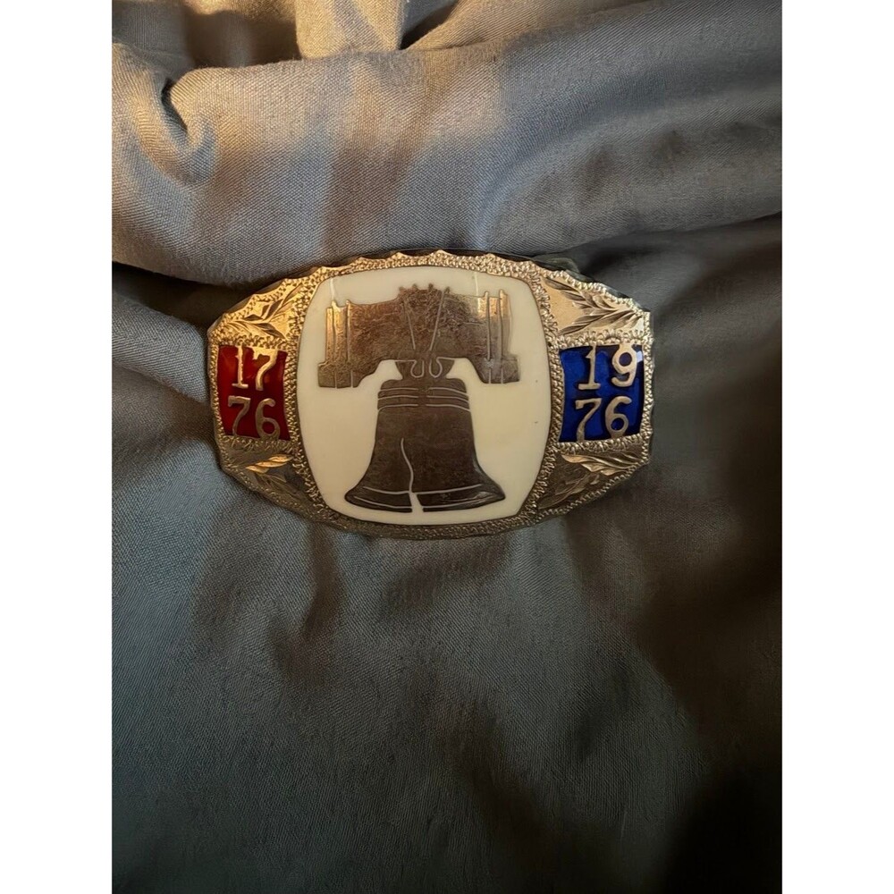 Vintage 1976 Bicentennial Liberty Bell Belt Buckle 1776-1976 Red Blue Enamel
